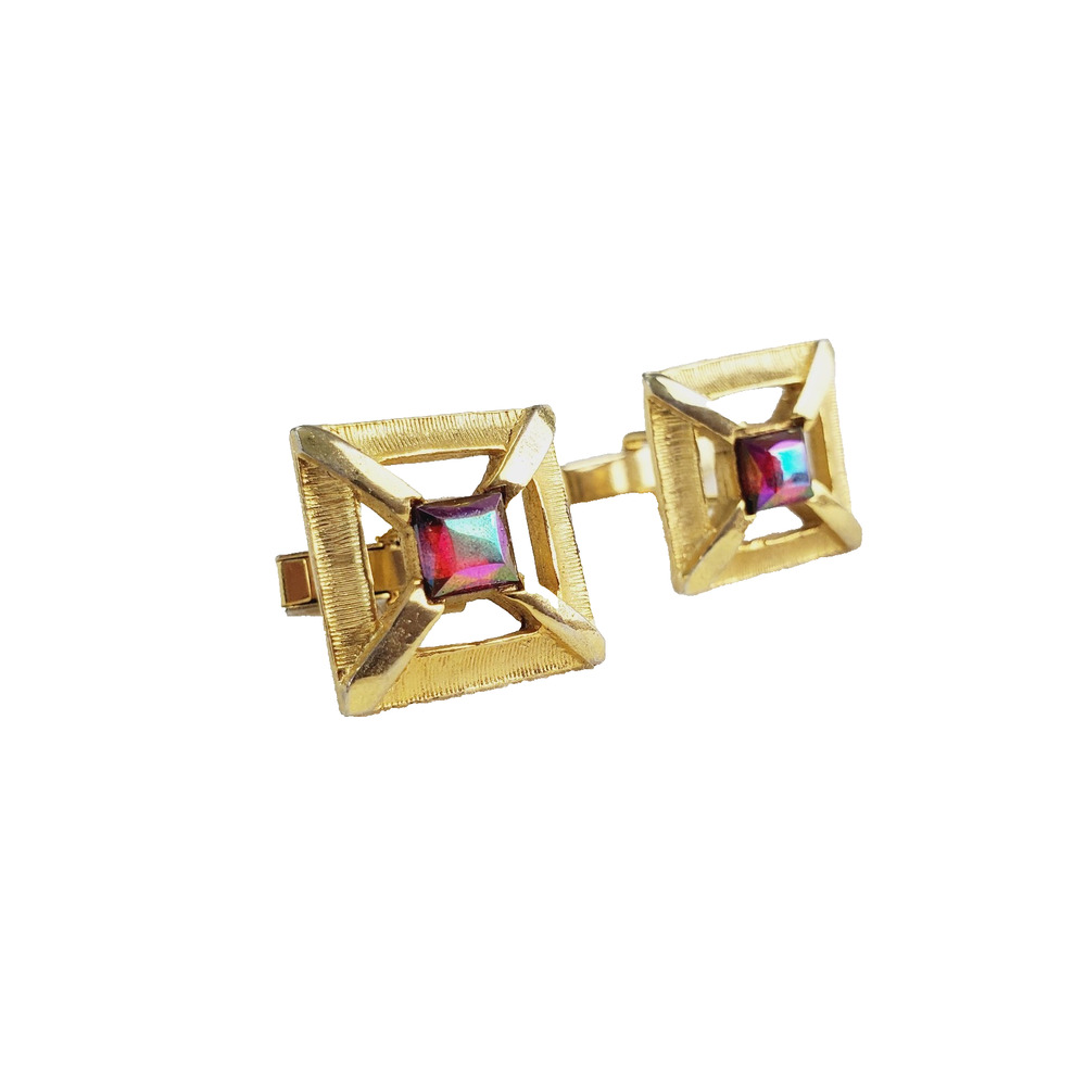 Vintage Square Shape Gold Tone Textured Cufflinks & Red Rhinestone Fashion Style